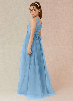 Azazie Georgette Junior Vestido de Azul Acero de Tul de Corte En A con Encaje image3