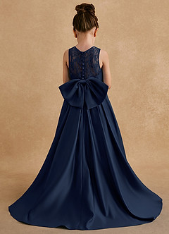 Azazie Sammy Flower Girl Dresses Dark Navy A-Line Lace Matte Satin Dress image3