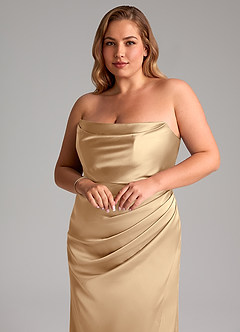 Azazie Leonis Bridesmaid Dresses Champagne Mermaid Pleated Stretch Satin Convertible Dress image11