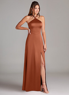 Azazie Elliana Bridesmaid Dresses Cedar Rose A-Line Side Slit Stretch Satin Dress image3