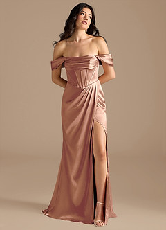 Azazie Lynden Bridesmaid Dresses Bronzer Sheath Off the Shoulder Metallic Satin Convertible Dress image1