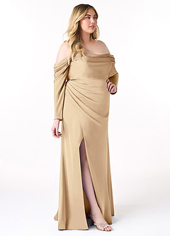 Azazie Hallie Bridesmaid Dresses Champagne Sheath Off-The-Shoulder Long Sleeve Stretch Satin Convertible Dress image11