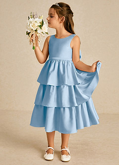 Azazie Margery Flower Girl Dresses Powder Blue A-Line Bow Stretch Satin Dress image4