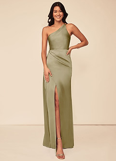 Azazie Maron Robes de demoiselle d'honneur Robe Trapèze en Satin extensible Epaule unique Vert Mousse image1