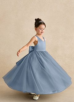 Azazie Peanut vestidos de niña de las flores Vestido de Azul Polvoriento de Tul de Corte En A con Tirantes image5