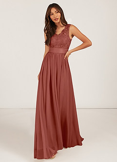 Azazie Gertrude Abiti da Damigella Abito A-Line in Chiffon Pizzo Auburn image1