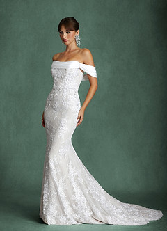 Azazie Harrah Wedding Dresses Diamond White Mermaid Off the Shoulder Lace Dress image7