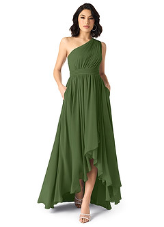 Azazie Mathilda Robes de demoiselle d'honneur Robe Trapèze en Mousseline de soie Ue épaule Olive image1