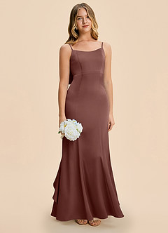 Azazie Lioren Junior Espresso Sheath Bow Stretch Satin Dress image2