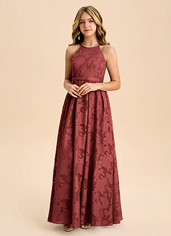 Azazie Arianthe Junior Abito A-Line in Floral Burnout Plissettato Terracotta image3