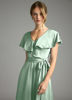 Azazie Lainey Bridesmaid Dresses Agave A-Line with Pockets Stretch Satin Dress image6