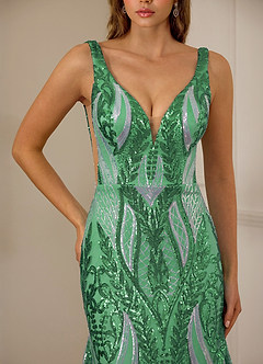 Jade Green Sequin Satin Side Split Deep V-neck Mermaid Marine Prom Dress image4