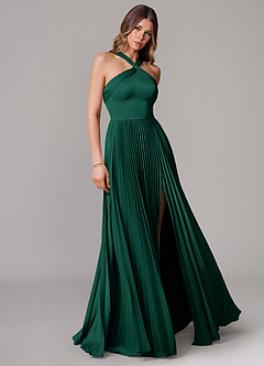 Azazie Afra Bridesmaid Dresses Emerald A-Line Pleated Stretch Satin Dress image1