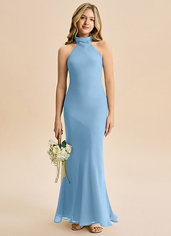 Azazie Velli Junior Meerjungfrau-Linie Hoher Kragen Chiffon Kleid Stahlblau image1