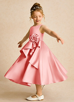 Azazie Hermia Blumenmädchenkleider A-Linie ärmellos Matte Satin Kleid Koralle image3
