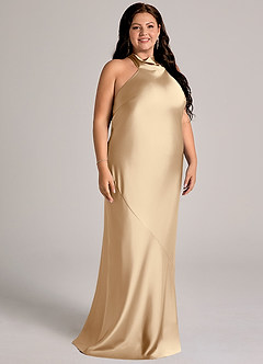 Azazie Velli Abiti da Damigella Abito Sirena in Raso Elasticizzato Collo Alto Champagne image11