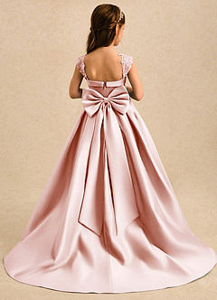 Azazie Genie Flower Girl Dresses Blushing Pink Ball-Gown Off the Shoulder Matte Satin Dress image2