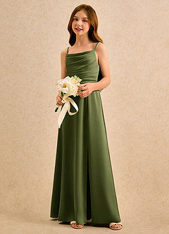 Azazie Chamomile Girls Formal Flower Girl Dresses Olive A-Line Pleated Stretch Satin Dress image3