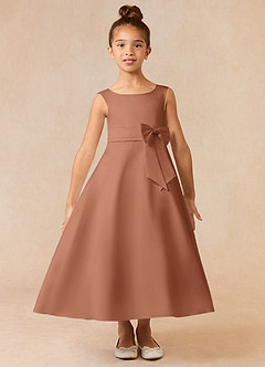 Azazie Lindy Flower Girl Dresses Bronzer A-Line Pleated Matte Satin Dress image2