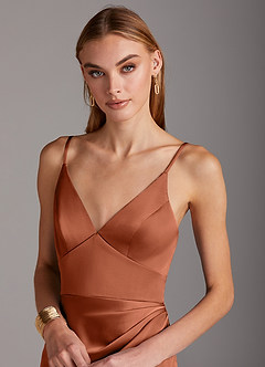 Azazie Shania Bridesmaid Dresses Cedar Rose Sheath V-Neck Pleated Stretch Satin Dress image5