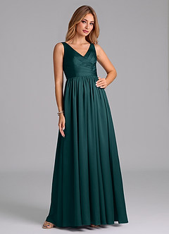 Azazie Keyla Final Sale Pine A-Line Pleated Stretch Satin Dress image5