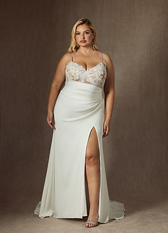 Azazie Nyx Robes de mariée Robe Sirène en Satin extensible Col V à paillettes Diamant Nude image10