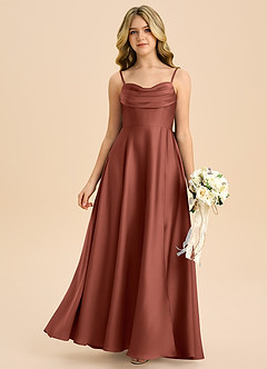 Azazie Bear Junior A라인 스윗하트 네크라인 스트레치 새틴 플로어 길이 주니어 신부 들러리 드레스 image3