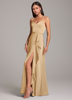 Azazie Naeem Bridesmaid Dresses Gold A-Line Stretch Satin Dress image3
