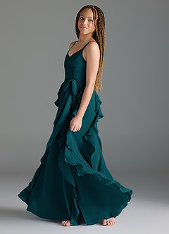 Azazie Peyton Junior A-Linie Kaskadierende Rüschen mit V-Ausschnitt Chiffon Kleid Kiefer image4