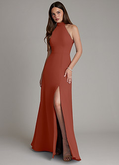 Azazie Myra Vestidos de madrinha de casamento Vestido Castanho Aloirado de Chiffon de Linha A com Pescoço alto image1