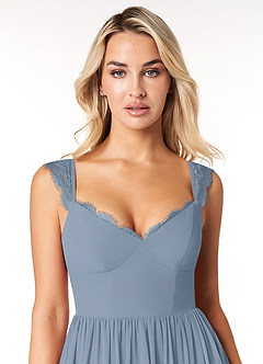 Azazie Cleobella Jurken voor bruidsmeisjes Jurk van Chiffon met A-Lijn Zoethart kant Stoffig Blauw image6