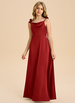 Azazie Gumdrop Junior 엠파이어 주름진 스트레치 새틴 플로어 길이 주니어 신부 들러리 드레스 image3