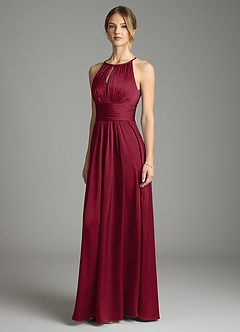 Azazie Bonnie Bridesmaid Dresses Burgundy A-Line Pleated Stretch Satin Dress image1
