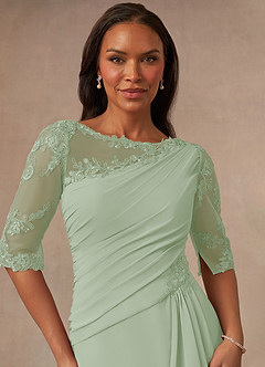 Azazie Dionysus Final Sale Dusty Sage A-Line Boatneck Lace Chiffon Dress image4