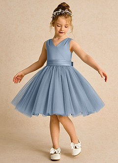 Azazie Tadpole Flower Girl Dresses Dusty Blue A-Line Pleated Matte Satin Dress image1