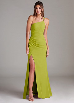 Azazie Eren Vestidos de damas de honor Vestido de Hierba De Limón de Gasa de Corte Recto con Hombro unilateral image3