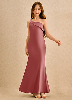 Azazie Almond Girls Formal Sukienki dla dziewczynek sypiących kwiaty Osłona Jedno ramię Satyna elastyczna Długość podłogi Sukienka image6