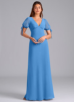 Azazie Pheby Robes de demoiselle d'honneur Robe Trapèze en Mousseline de soie Plissée Geai Bleu image3