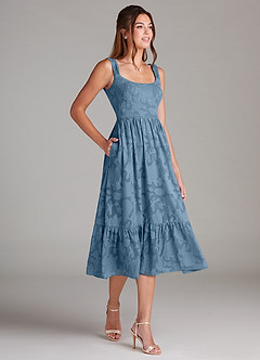 Azazie Alissa Bridesmaid Dresses Steel Blue A-Line with Pockets Floral Burnout Dress image4