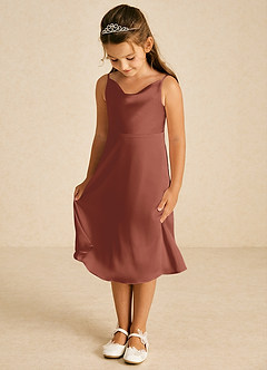 Azazie Zuzu Robe Demoiselle D'honneur Fillette Robe Trapèze en Satin extensible Bretelle Spaghetti Auburn image3
