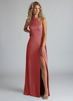 Azazie Clarice Bridesmaid Dresses Antique Rose A-Line High Neck Stretch Satin Dress image5