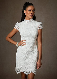 Azazie Pennie Vestidos de novia Vestido de Diamante Blanco de Encaje de Corte Recto con Cuello Alto image4