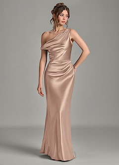 Azazie Emerson Jurken voor bruidsmeisjes Jurk van Metaalachtig Satijn met Zeemeermin Off-shoulder Taupe image10
