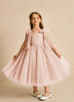 Azazie Dori Robe Demoiselle D'honneur Fillette Robe Trapèze en Tulle Rayé Rose Perle image6