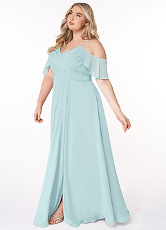 Azazie Dakota Robes de demoiselle d'honneur Robe Trapèze en Mousseline de soie Col V plissé Verre De Mer image13