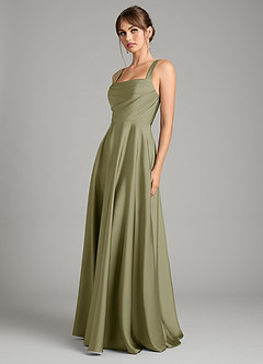 Azazie Shaude Bridesmaid Dresses Pistachio A-Line Pleated Stretch Satin Dress image5