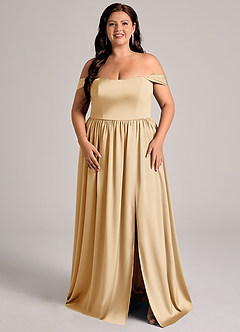 Azazie Calianna Bridesmaid Dresses Gold A-Line Off the Shoulder Stretch Satin Convertible Dress image6