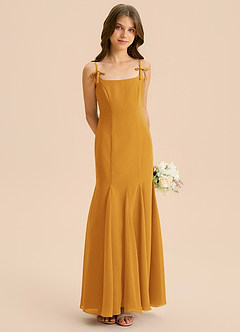 Azazie Evey Junior Abito Sirena in Chiffon Plissettato Caramello image4