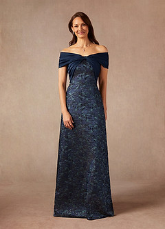 Azazie Amelia Dark Navy A-Line Off the Shoulder Jacquard Dress