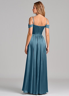 Azazie Raisa At-home Try On Dresses Sky Blue A-Line Off the Shoulder Stretch Satin Dress image6